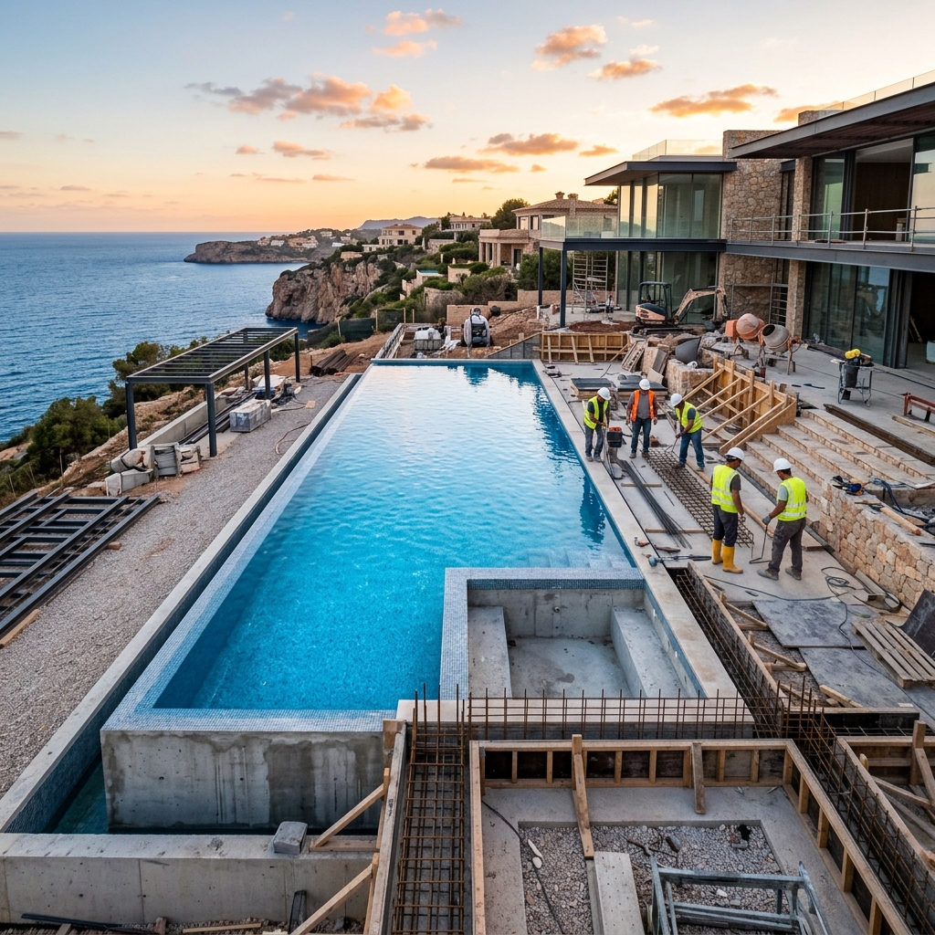AMP Construcciones — Obra y piscina en construcción